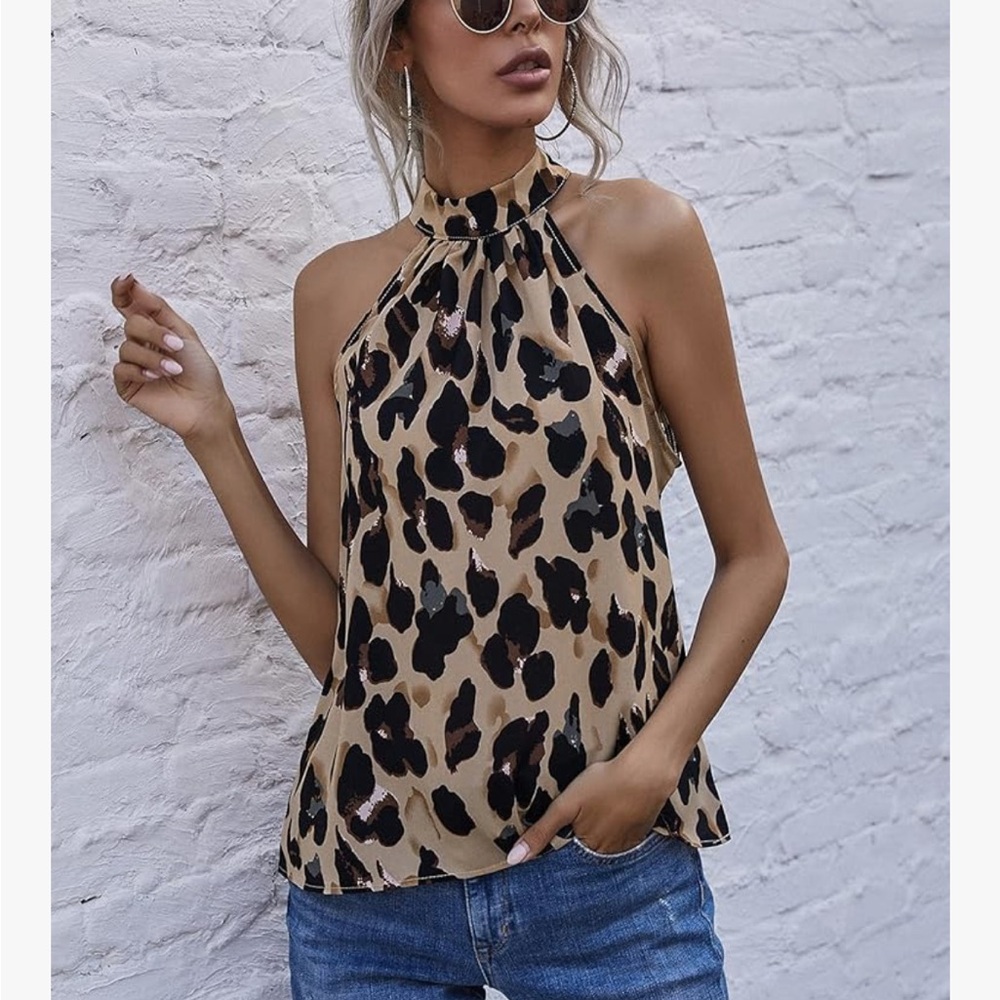 Leopard Halter Neck Sleeveless Top - Tan/Black